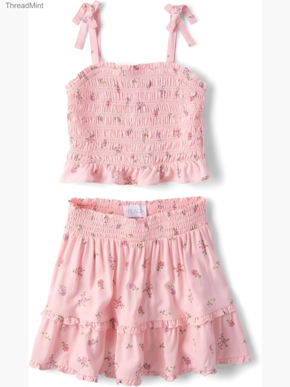 Girls Smocked Top & Skirt 2-Piece Set Sleeveless Floral Rayon